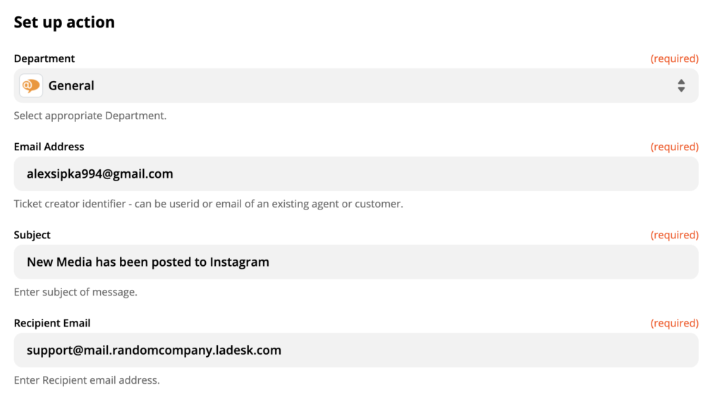 Configuración de la acción LiveAgent en la integración de Instagram en Zapier
