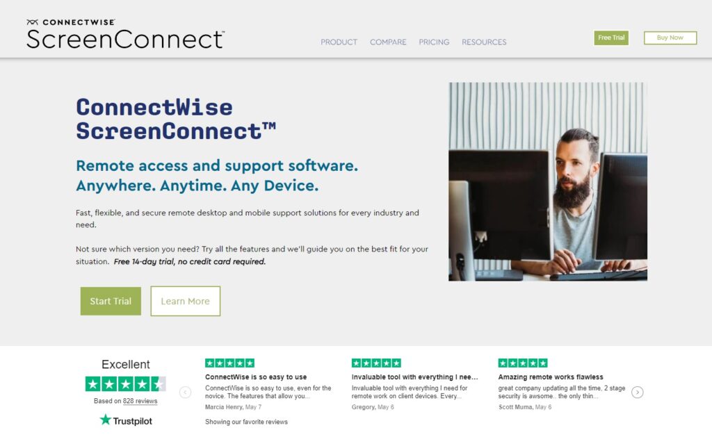 Página de inicio de ConnectWise Control - Alternativa de HubSpot para soporte remoto
