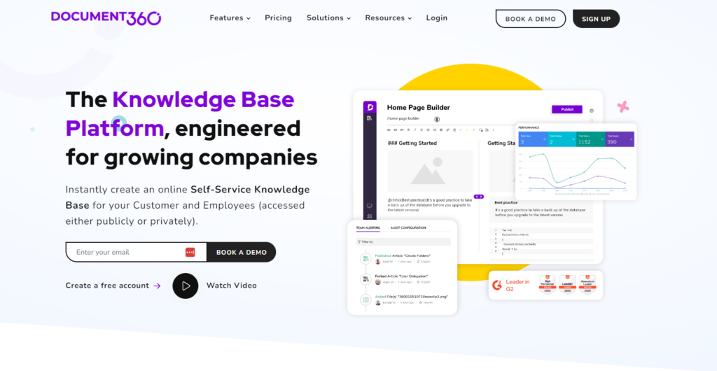 Instantánea de la página de inicio de Document360 enfocándose en las características clave.