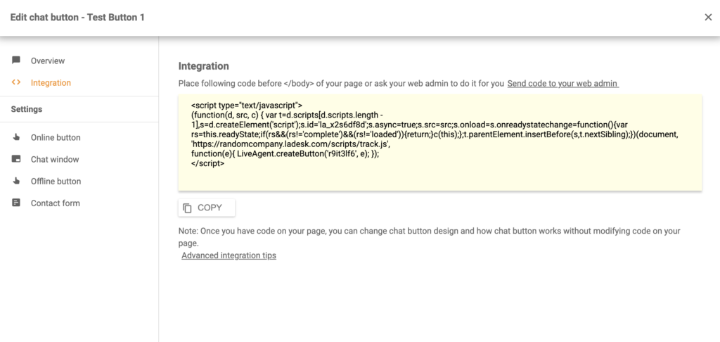 Un código de botón de chat generado en LiveAgent