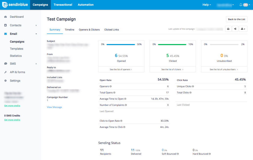 configuración de las campañas en sendinblue