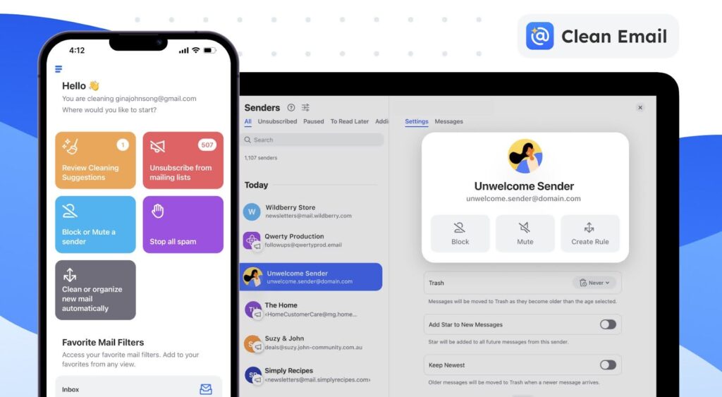 Página de inicio de Clean Email