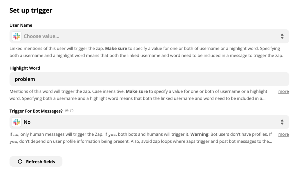 Escaparate de una configuración de disparador Slack en Zapier