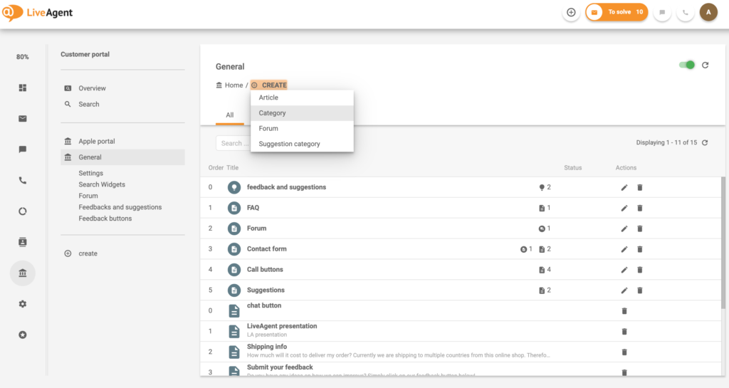 Ejemplo de creación de una categoría para el portal del cliente en el sistema de base de conocimientos de LiveAgent.