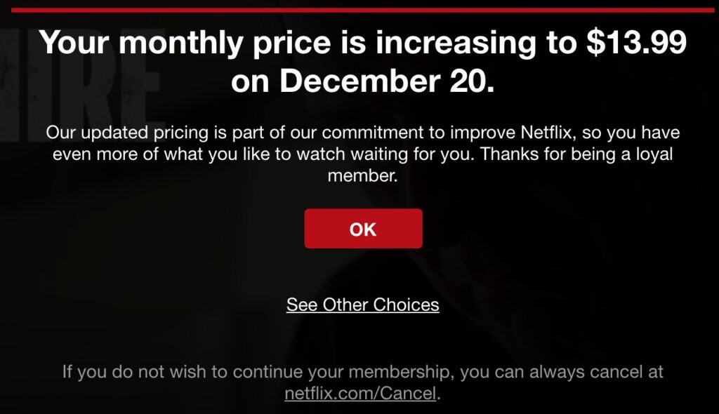 Anuncio de aumento de precio de Netflix