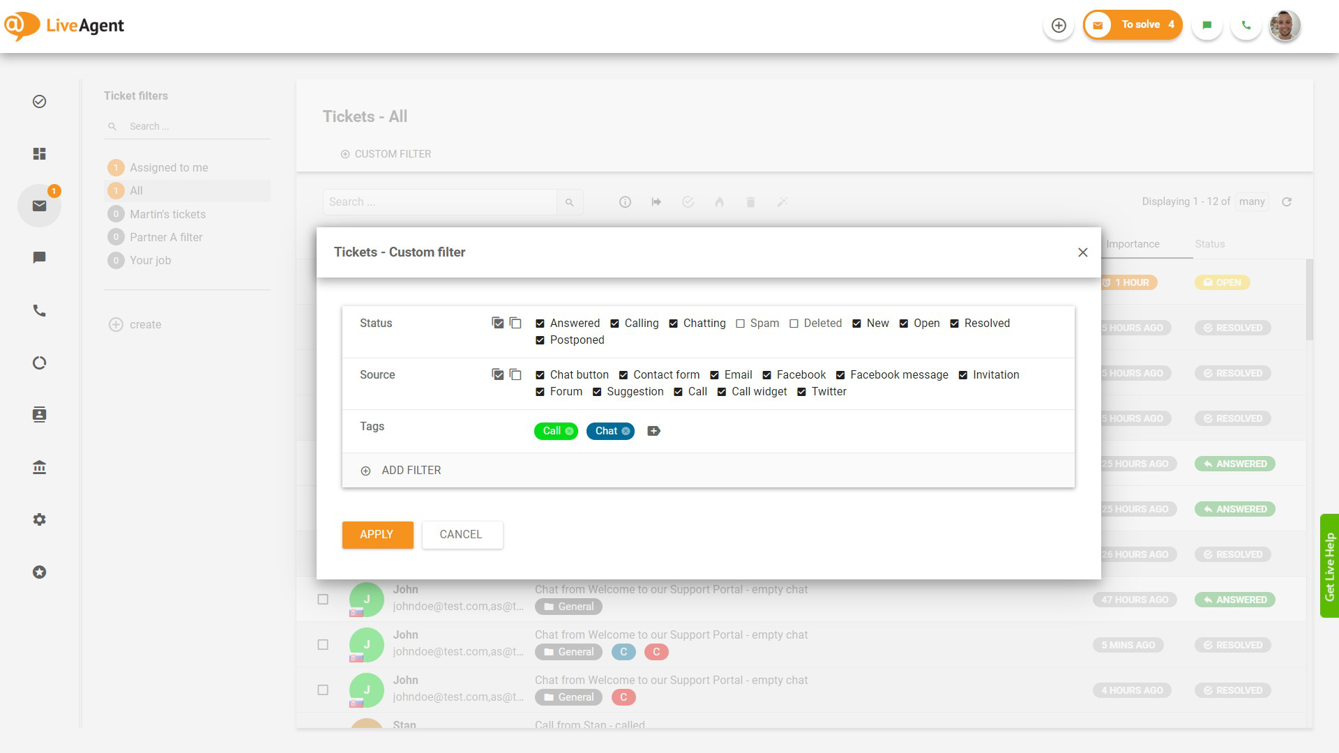 Función de filtrado de tickets por etiquetas en LiveAgent