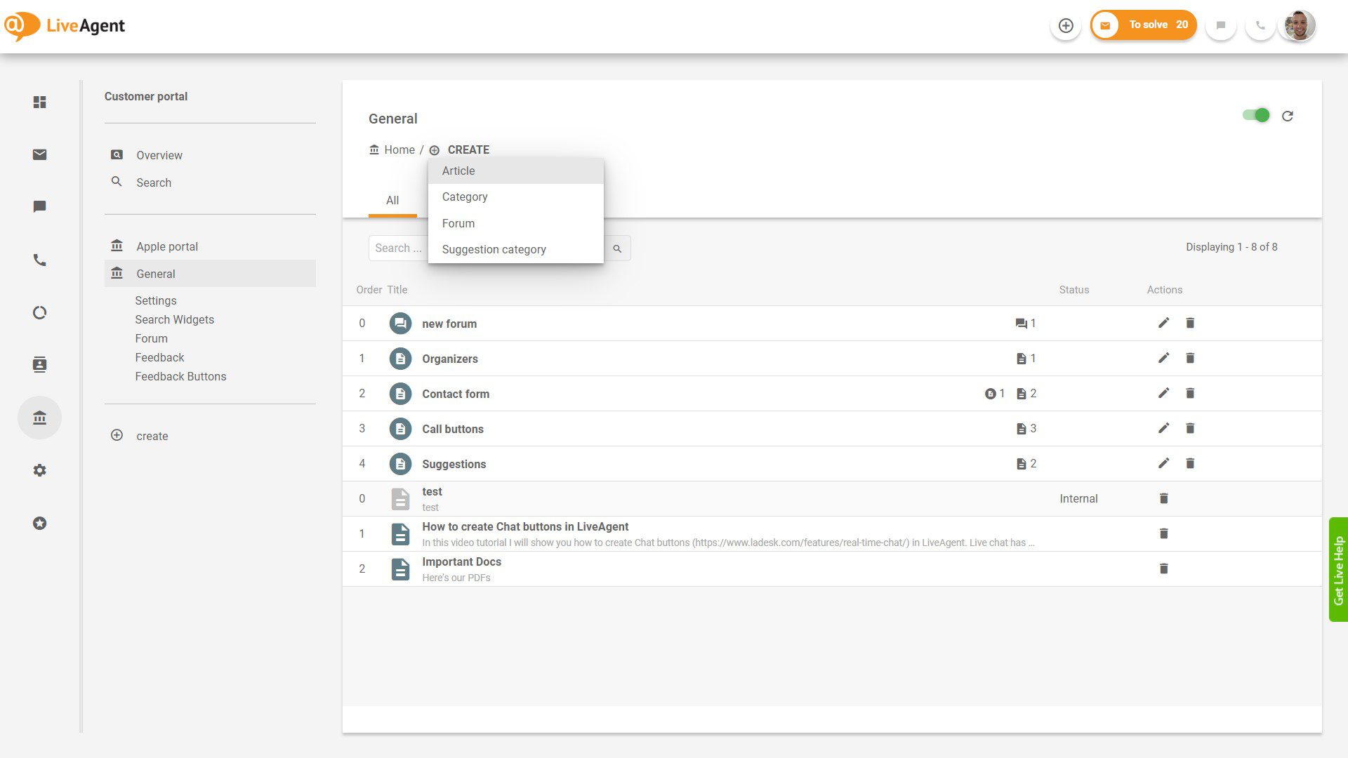 Visión general de los tickets de LiveAgent dentro de la aplicaciónn