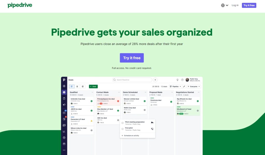 Página de inicio del software de servicio al cliente de Pipedrive