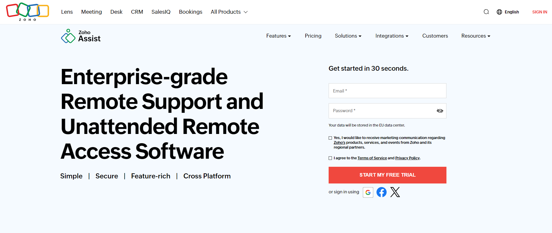 Página de inicio de Zoho Assist - software robusto de help desk remoto