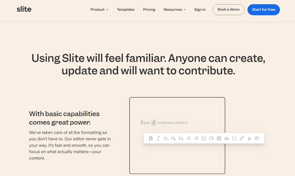 Página de inicio de la base de conocimientos de Slite