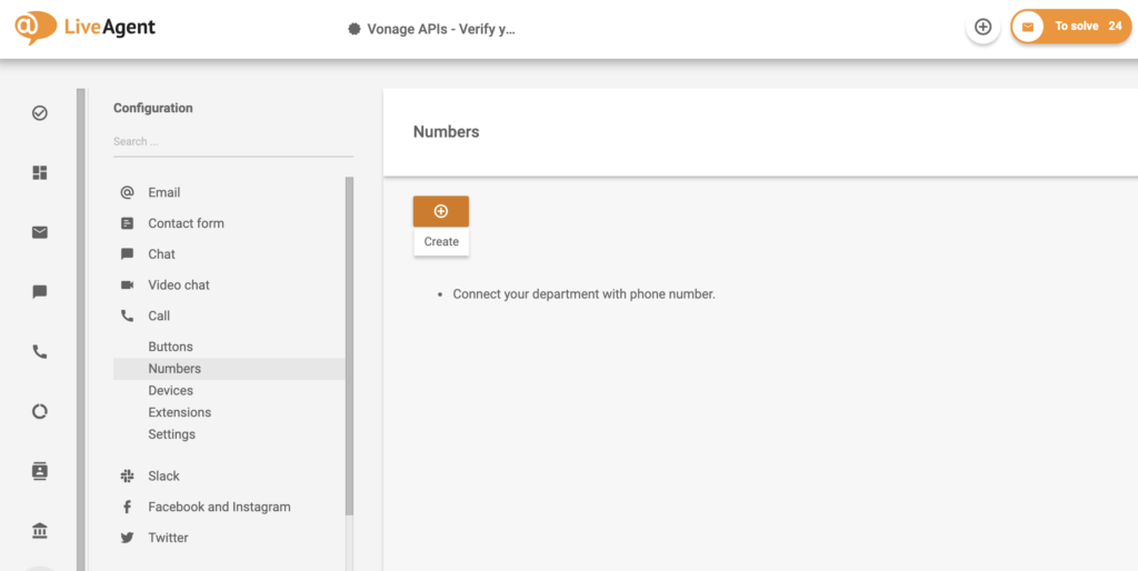 Configuración de números con botón crear en LiveAgent