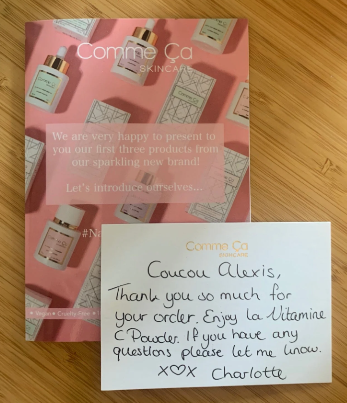 Tarjeta escrita a mano de Comme Ça Skincare