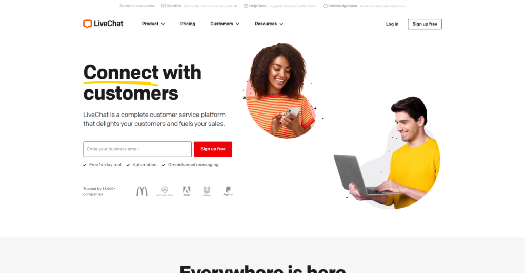 Página de inicio de Livechat - Solución de soporte en tiempo real como alternativa a Hubspot CRM