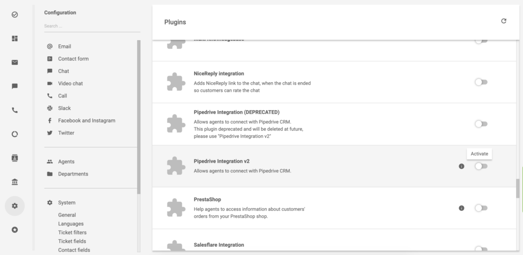 PipeDrive Integration v2 en la sección de complementos de LiveAgent