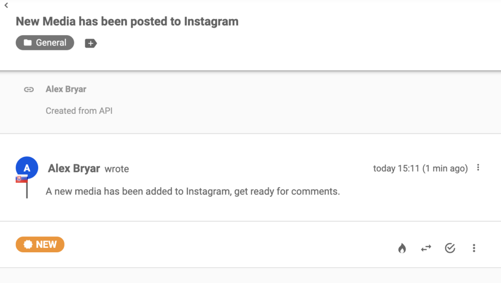Mensaje de Instagram sobre una nueva publicación en el sistema de tickets de LiveAgent