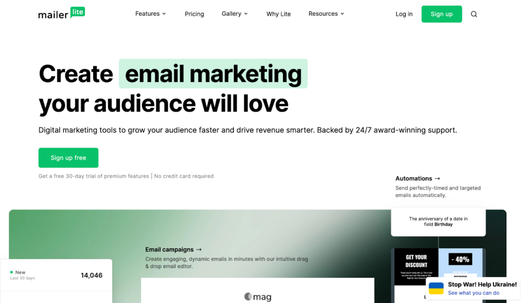 Página de inicio de Mailerlite, un sistema de gestión de correo electrónico fácil de usar.