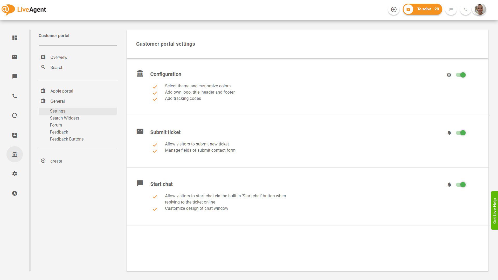 Visión general de los tickets de LiveAgent dentro de la aplicación