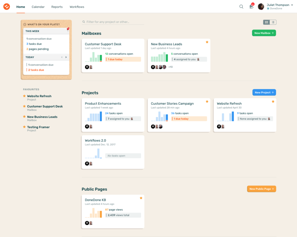 Panel de DoneDone del software de seguimiento