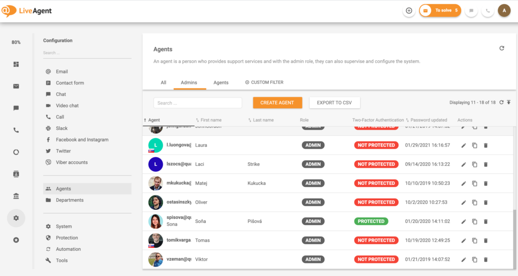 Representantes de clientes en LiveAgent - ejemplo