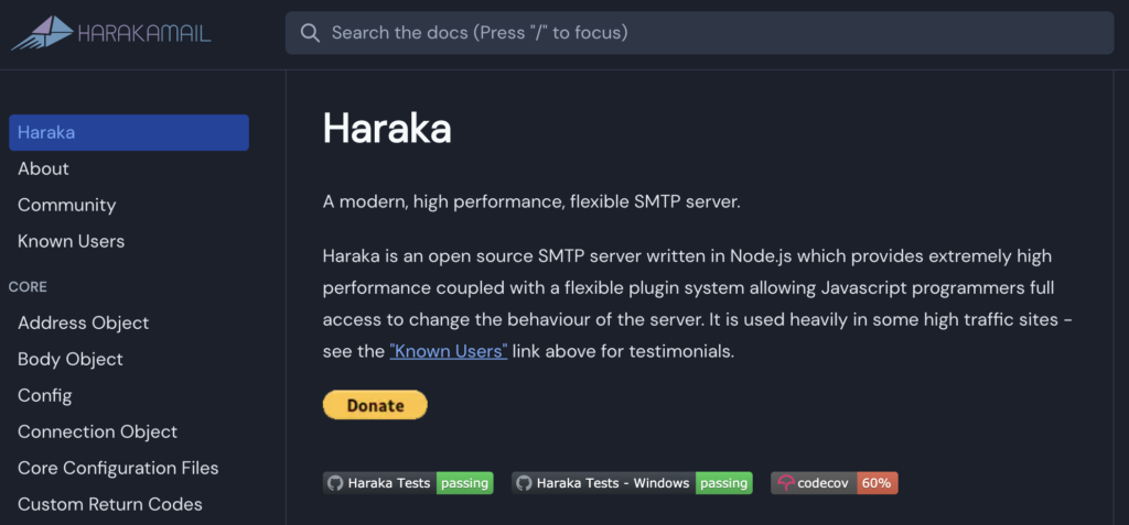 Página de inicio de Haraka con varias secciones y descripciones