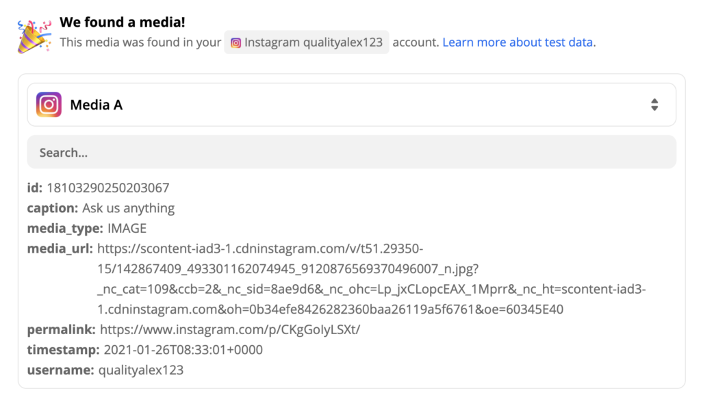 Una prueba exitosa de un disparador de Instagram