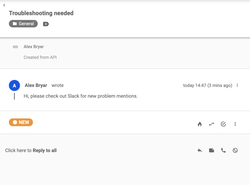 Un ticket enviado a LiveAgent después de que apareciera una palabra clave en Slack