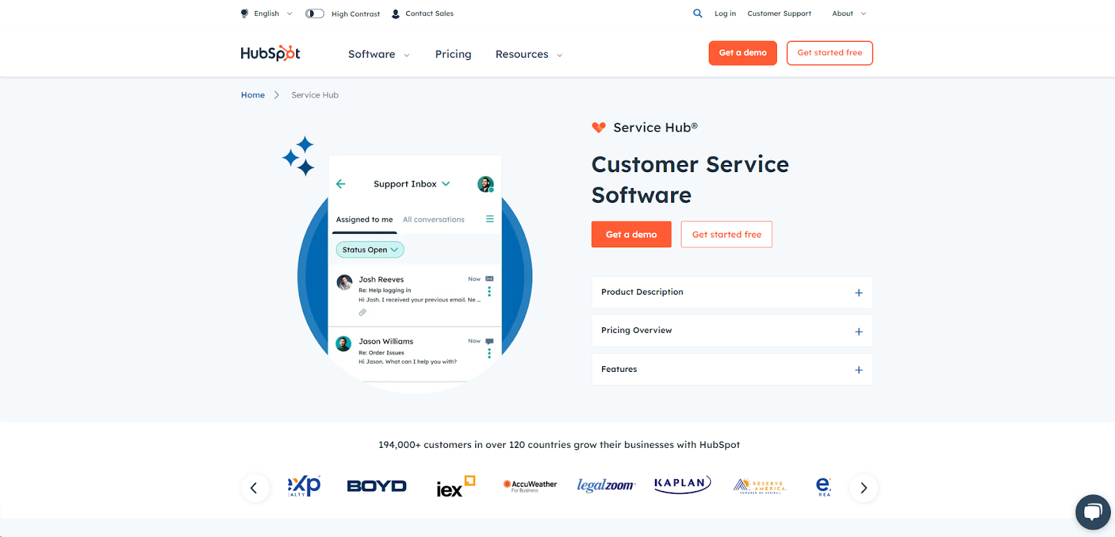 Página de inicio de HubSpot Service Hub — software de servicio al cliente de la corporación HubSpot