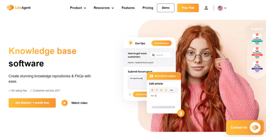 La página de inicio atractiva de LiveAgent destacando su herramienta de base de conocimientos.